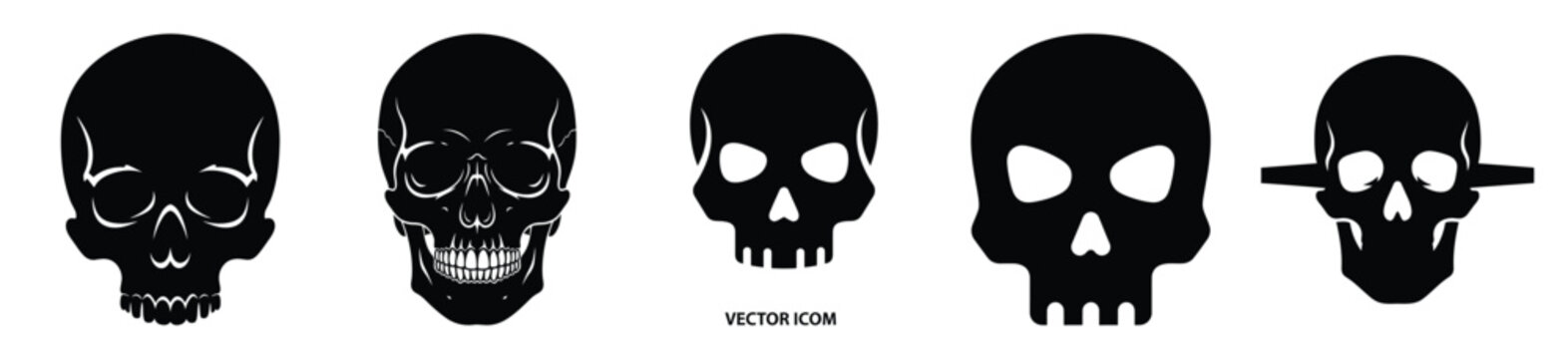 Big set of skull  simple silhouettes black icon and character. Halloween Vector icons illustration on white background.