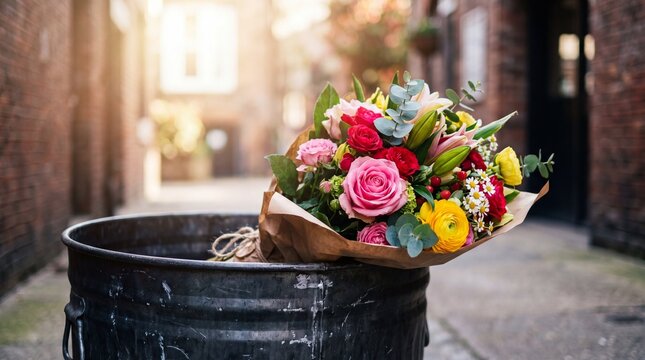 Bouquet of colorful flowers discarded in urban trash bin on sunny alley street. World asthma and allergy awareness concept for health campaigns