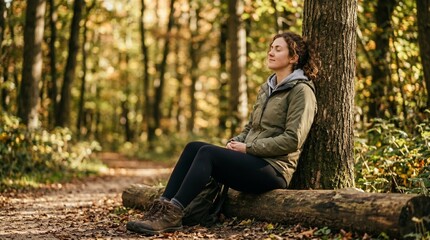 Fototapeta premium Serene Woman Resting Against Tree Trunk Eyes Closed on Autumn Forest Path