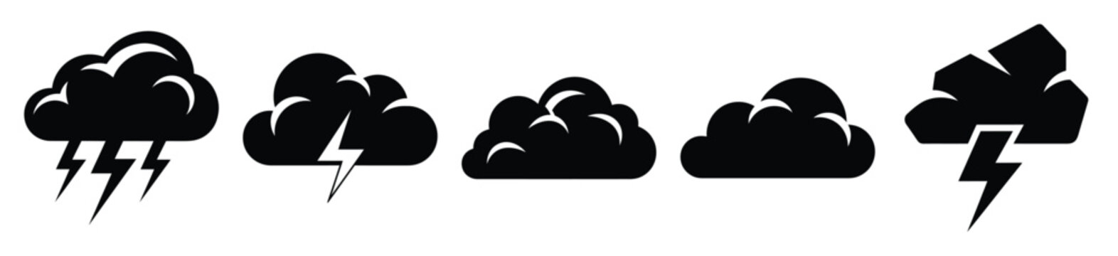 Big set of thunder cloud silhouettes black icon and character. Halloween Vector icons illustration on white background.