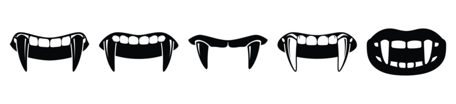 Big set of vampire teeth silhouettes black icon and character. Halloween Vector icons illustration on white background.