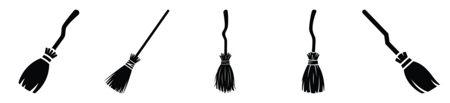 Big set of witch broom bundle silhouettes black icon and character. Halloween Vector icons illustration on white background.