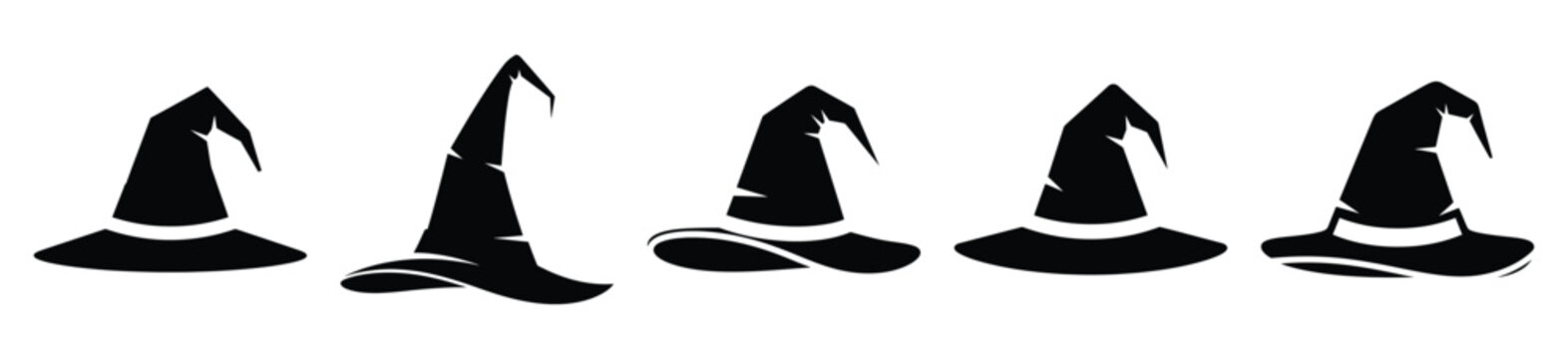 Big set of witch hat silhouettes black icon and character. Halloween Vector icons illustration on white background.