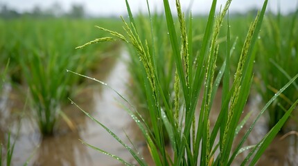 Fototapeta premium Young green rice plants growing in flooded paddy field with water channels, agricultural crop cultivation in rural farming landscape for food production.