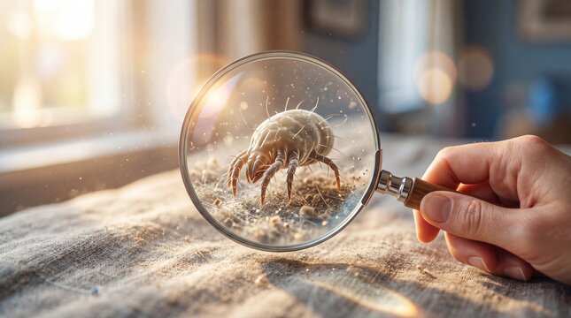 Hand holding magnifying glass over dust mite on fabric surface. Household allergen discovery for allergy and asthma awareness. World asthma day illustration concept