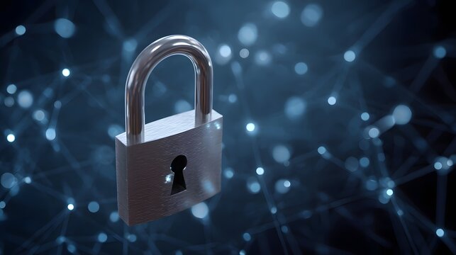 A metallic padlock centered against a glowing blue digital network mesh symbolizing comprehensive data security and technological protection