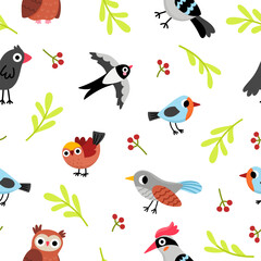 Fototapeta premium Forest birds seamless pattern for kids. Vector woodland repeat background with animals, twigs, berries. Cute owl, swallow, robin, finch, cuckoo, crow, woodpecker digital paper. Woods wildlife texture