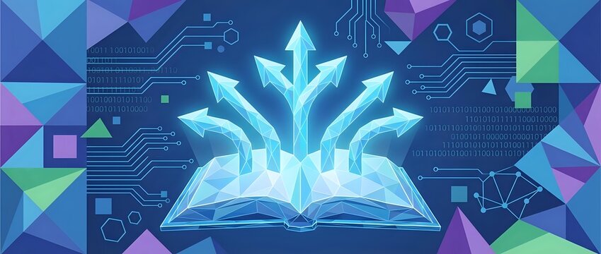 Open book with glowing digital plant emerging from pages surrounded by circuit patterns and geometric shapes on blue background for education technology concepts.