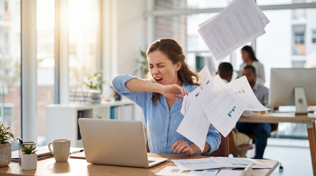 Woman sneezing while holding flying papers in modern office. Allergy reaction at work disrupting tasks. Asthma and allergy awareness concept for world allergy day