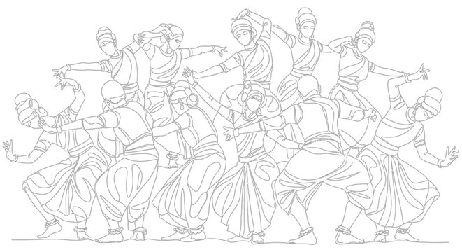 Group of dancers performing traditional movement outline illustration