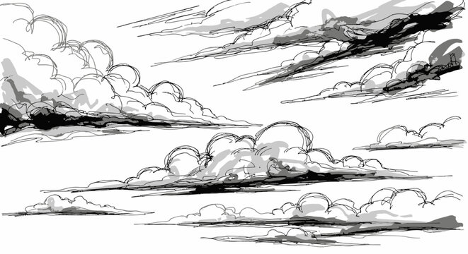 Ink sketch cloud collection over white backdrop suitable for backgrounds