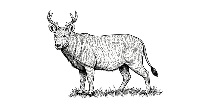 Intricate engraving of a mythical beast with antlers and striped coat