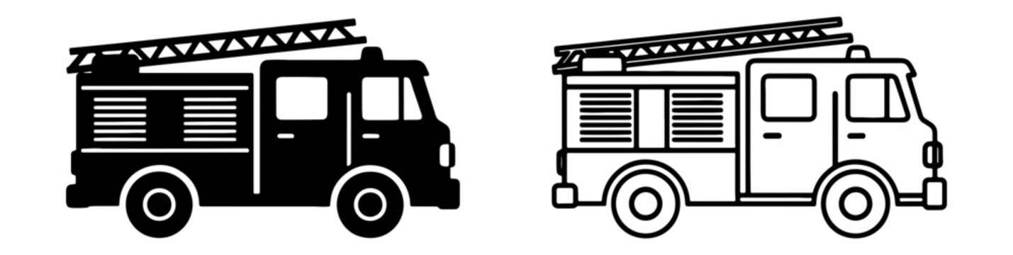 Fire truck, emergency vehicle, rescue icon, transportation illustration, black and white
