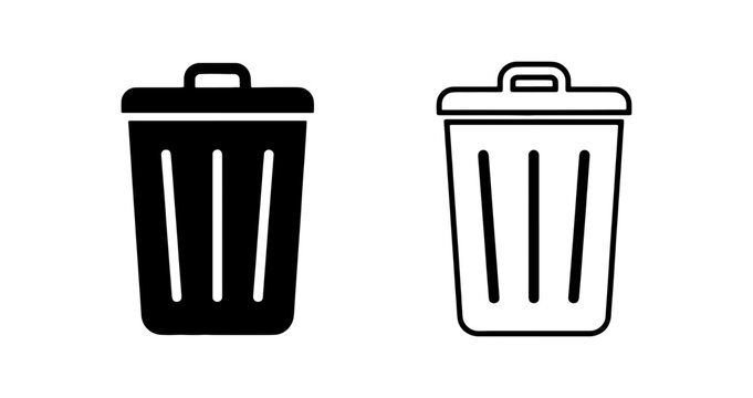 Trash Can Icons, Black and White, Vector Graphics, Waste Bin Symbols