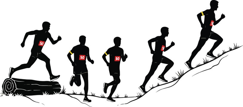 Trail runners in motion, silhouette with obstacle running