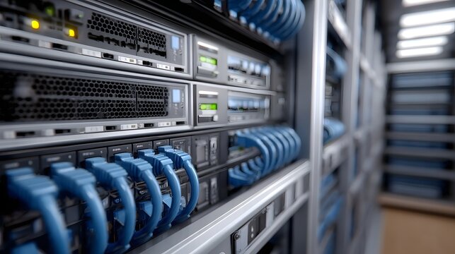 Detailed view of interconnected server racks and organized networking cables within a large modern data center environment