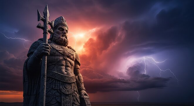 An imposing weathered monument of an ancient god grips a heavy spear, facing an approaching tempest that warns of impending peril and ruin, temple, deity, clouds