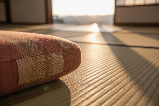 Meditation cushion on tatami floor bathed in warm sunrise light for calm mornings