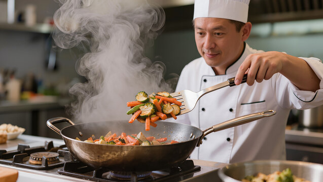 Chef cooking with stir fry pan.