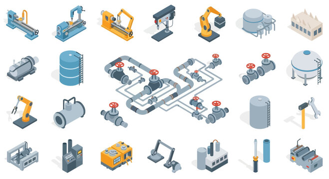 Isometric Industrial Machinery Pipeline Icons Set.