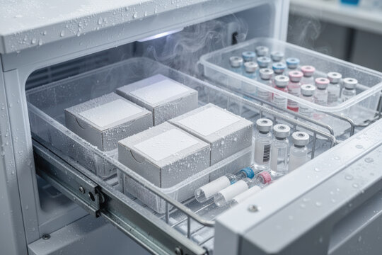 Cold storage drawer with medical vials and packaged samples under frost