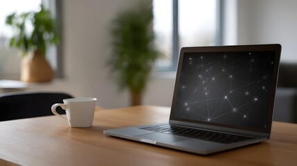 Naklejka premium A modern workspace featuring a laptop displaying a network grid and a cup of coffee on a wooden desk