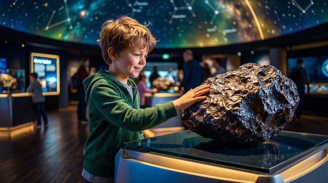 Boy touching large meteorite exhibit in planetarium with starry ceiling projection. Child exploring space rock display. Educational astronomy adventure for kids on international day of planetariums