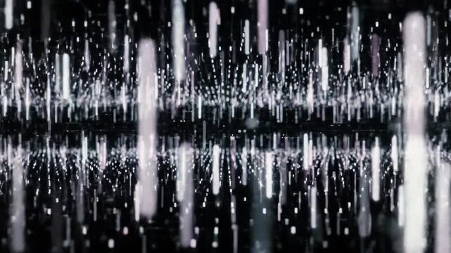 An ultra-high definition abstract digital landscape video of flickering, pulsing light bars in cool grays and muted purples against a deep dark void. Concept of digital intelligence and cybersecurity