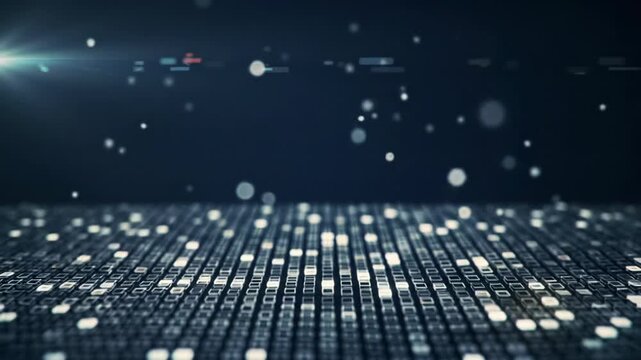A dark, abstract digital background with a dynamic grid of square pixels illuminating and dimming on a crystalline surface as ethereal particles drift, enhanced by soft light flares and bokeh.