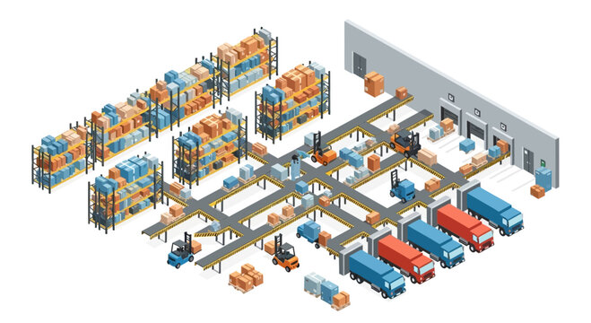 Isometric Warehouse Logistics Fulfillment Center Conveyor Operation.