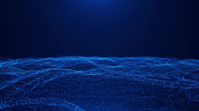 Abstract flowing smooth blue waves background. Grid, Big data AI connection. Seamless loop 4k animation	