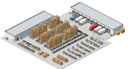 Obraz premium Warehouse interior with pallet racks forklifts and trucks.