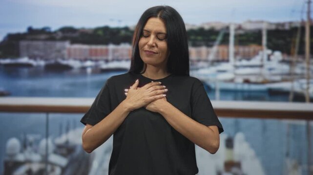 Young hispanic woman with hands over heart performing a pledge style gesture in front of a marina backdrop in a studio setting; quiet gratitude.