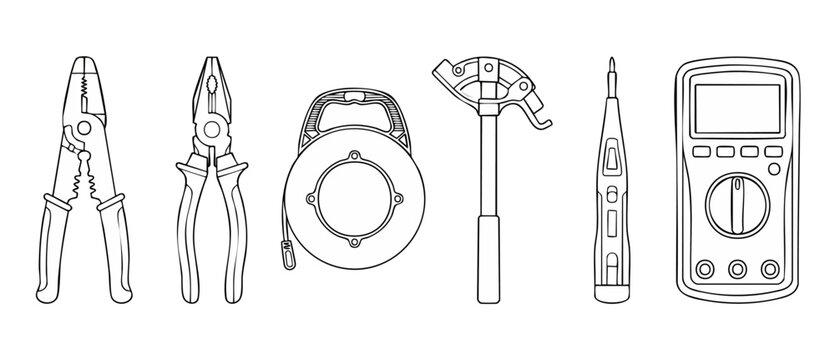Electrician tools set outline icon collection featuring pliers wire stripper fish tape conduit bender voltage tester and multimeter for construction and electrical repair projects in vector line art s
