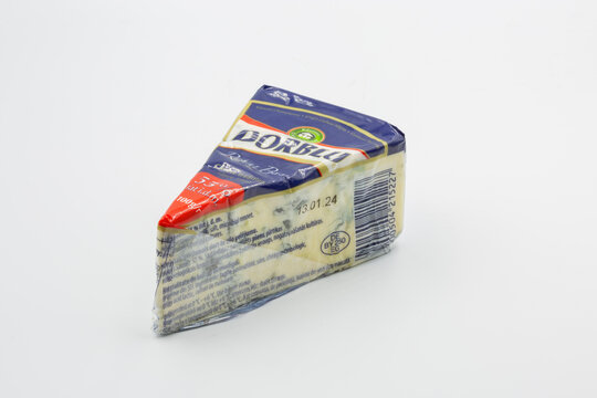 Dorblu royal blue cheese wedge package closeup on white