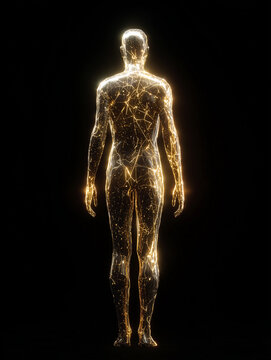Futuristic human silhouette made of glowing golden neural networks and light particles on a black background. Concept of artificial intelligence, digital soul, and biohacking