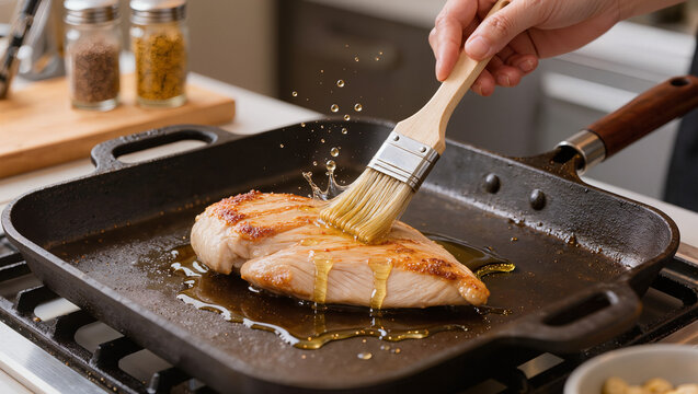 Hand brushing sauce on grilled chicken.