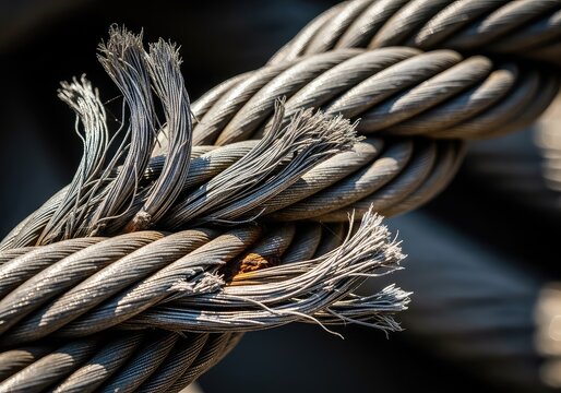 Extreme close-up of a heavy duty industrial steel cable showing signs of wear and frayed metal strands during a safety inspection process, rust, tear, check