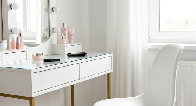 Modern white makeup vanity table with cosmetic products and soft natural light, minimalist home interior design for beauty and self-care.