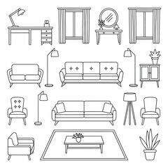 Living room furniture icon vector set, black outline home interior elements in minimal design style including sofa, chair, table, lamp, and decor objects for UI, real estate, and interior planning gra © Gary D. Marlow