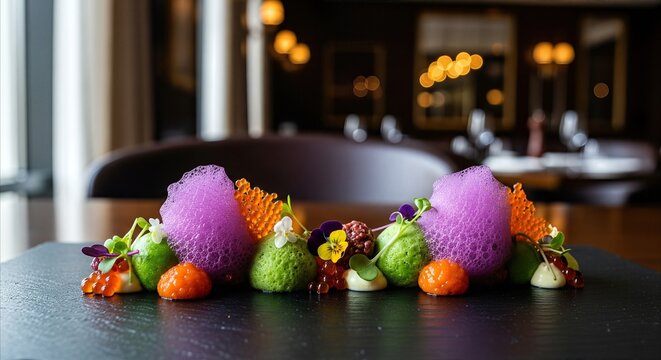 Gourmet Molecular Gastronomy Dish with Vibrant Foam and Spherification on Black Slate in Upscale Restaurant