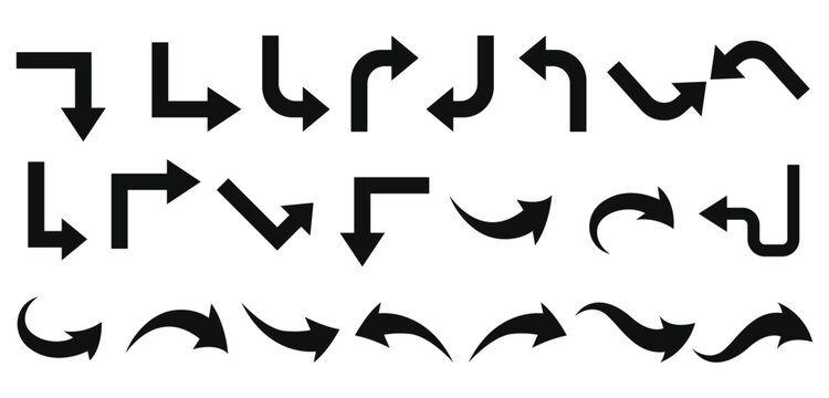Set of black curved and angular arrows pointing in different isolated on transparent background