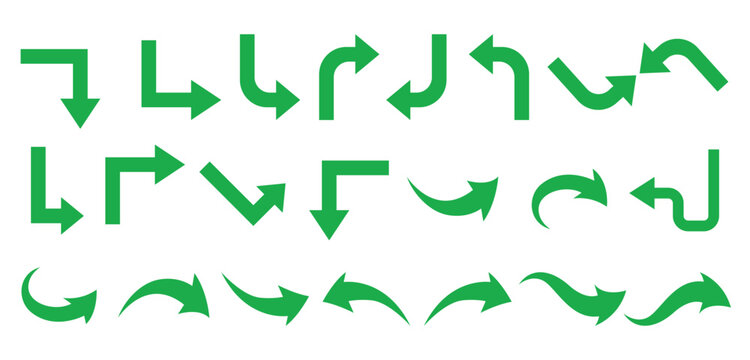 Collection of green arrows with various angles, curves, and isolated on transparent background