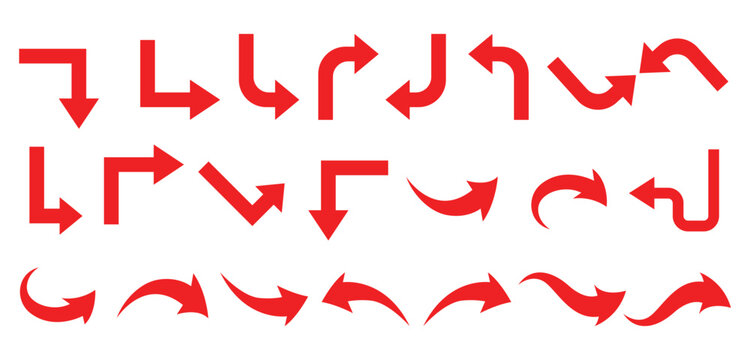 Set of red directional arrows featuring diverse curves, angles, isolated on transparent background