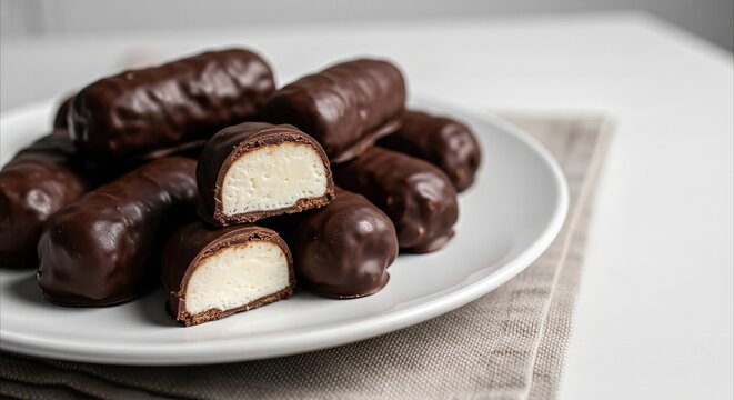 Rich chocolate-covered curd snacks with creamy white filling, presented on a white plate with a linen napkin, offering a sweet indulgence.