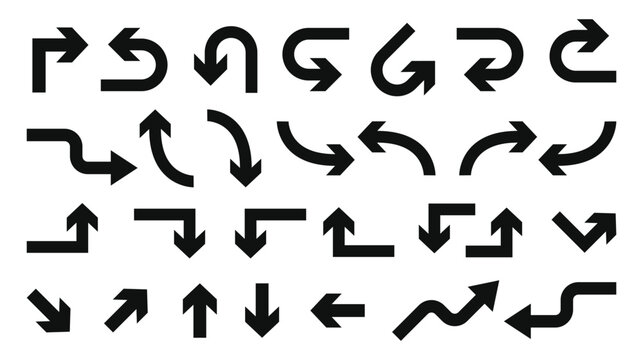 Large set of black directional arrows with various curves, isolated on transparent background