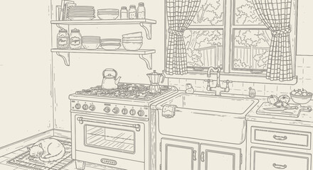 Fototapeta premium Cozy vintage kitchen interior line art with classic gas stove, farmhouse sink, and sleeping cat, hand-drawn sketch illustration