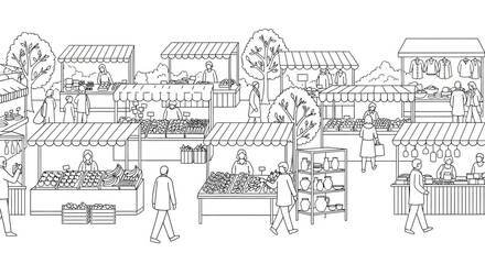 Obraz premium Black and white line art illustration of a bustling outdoor market with people, vendor stalls, fresh produce, and goods. Outline sketch.