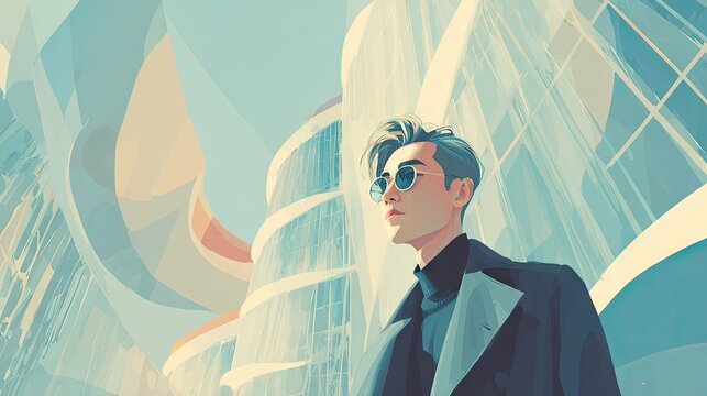 Stylish man in sunglasses looks up near modern architecture illustration
