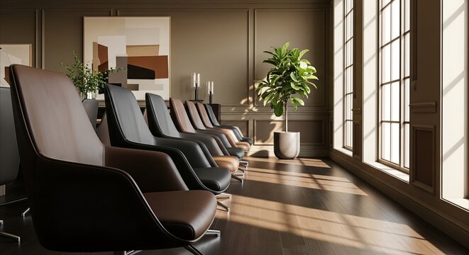 Modern leather office chairs in a sunlit business interior, low angle view emphasizing design and inviting atmosphere